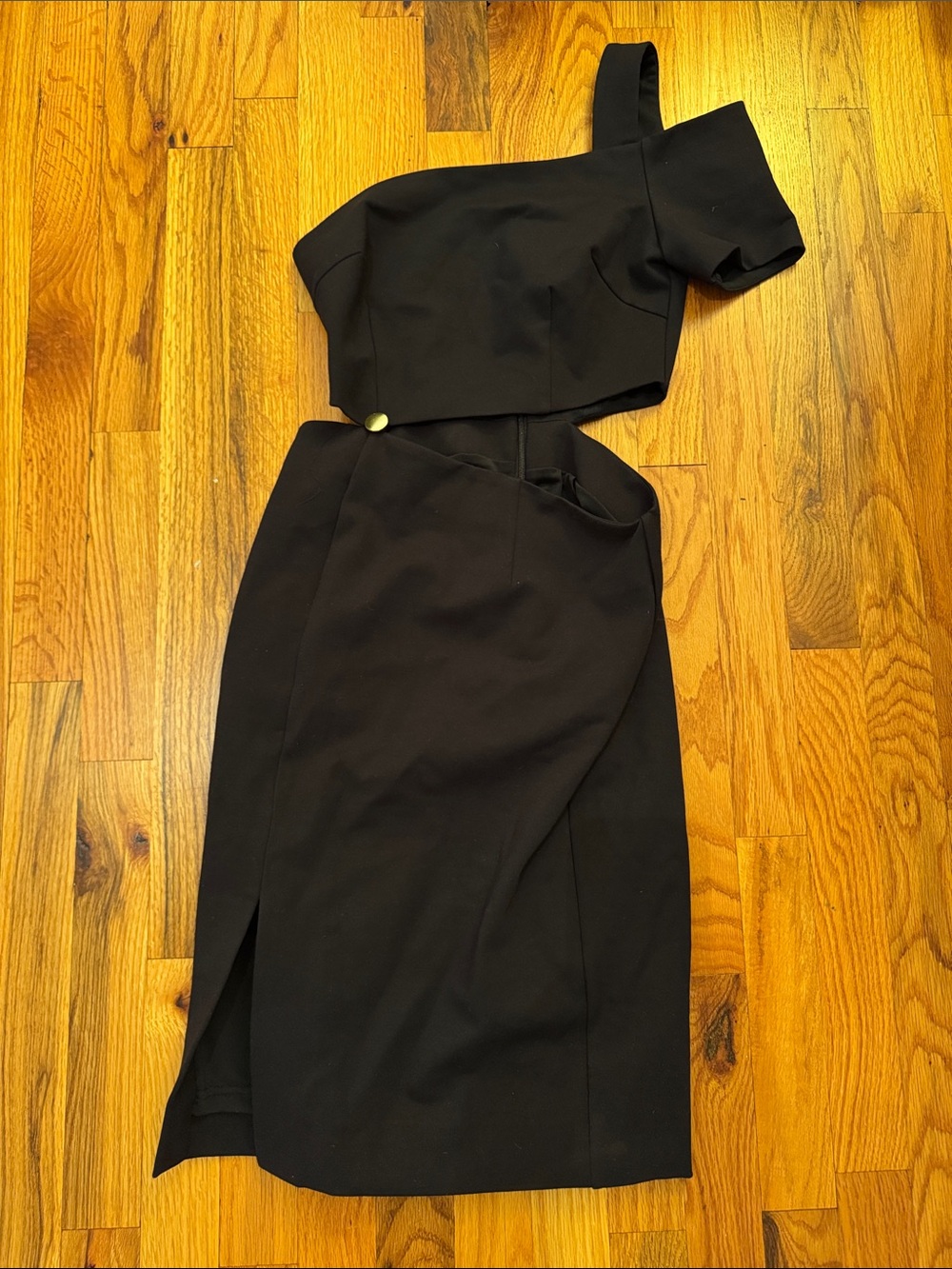 Finders Keepers Black One-Shoulder Cutout Midi Dress with Gold Accent